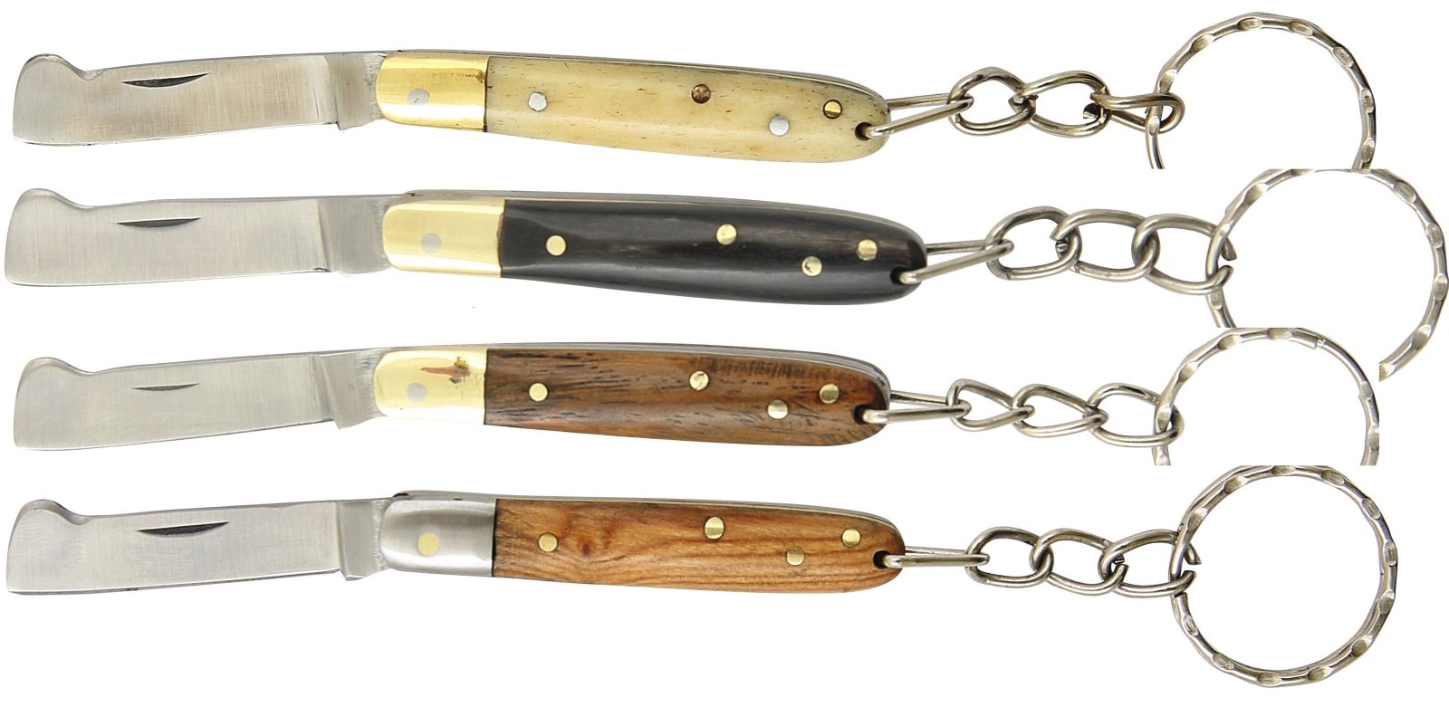 Assorted Wood Handle Grafting Folding Knife Keychain – 5.5 cm Handle, Brass Bolster