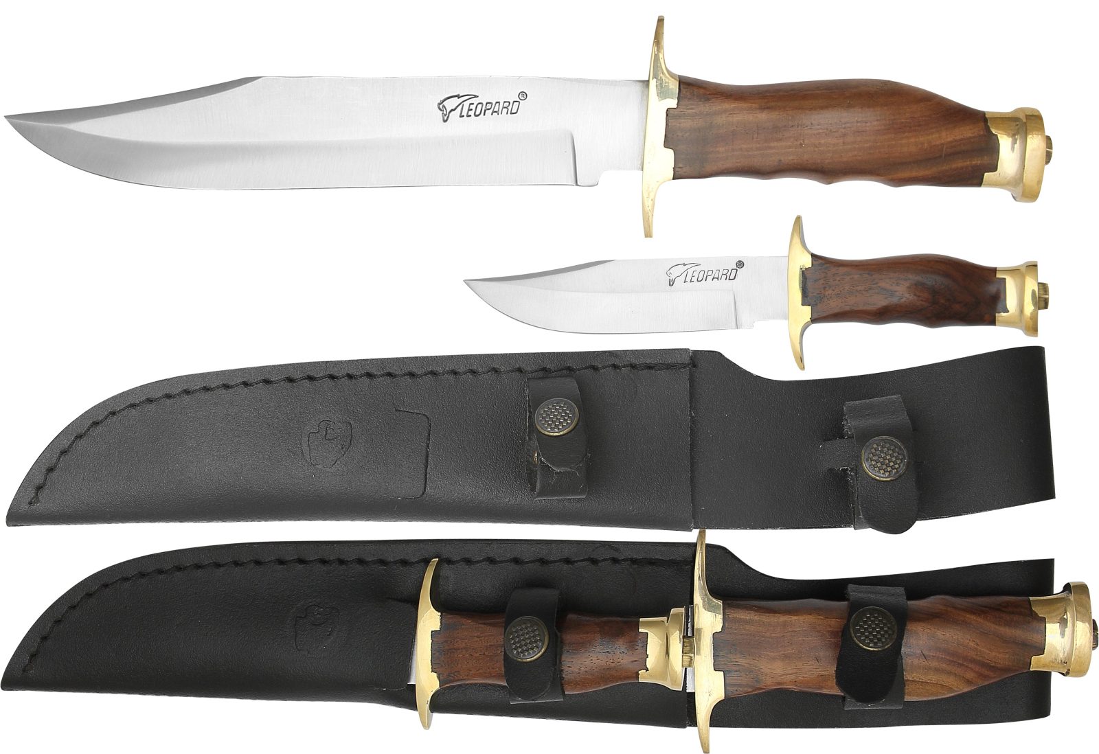 Fixed Blade Bowie Knife Duo Set with Brass Guards & Rich Wood Handles, Leather Cases Included