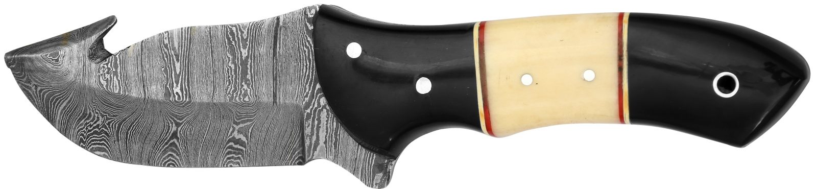Damascus Skinning Knife with Gut Hook & Two-Tone Horn & Bone Handle – 10.6 cm Handle, Leather Case Included