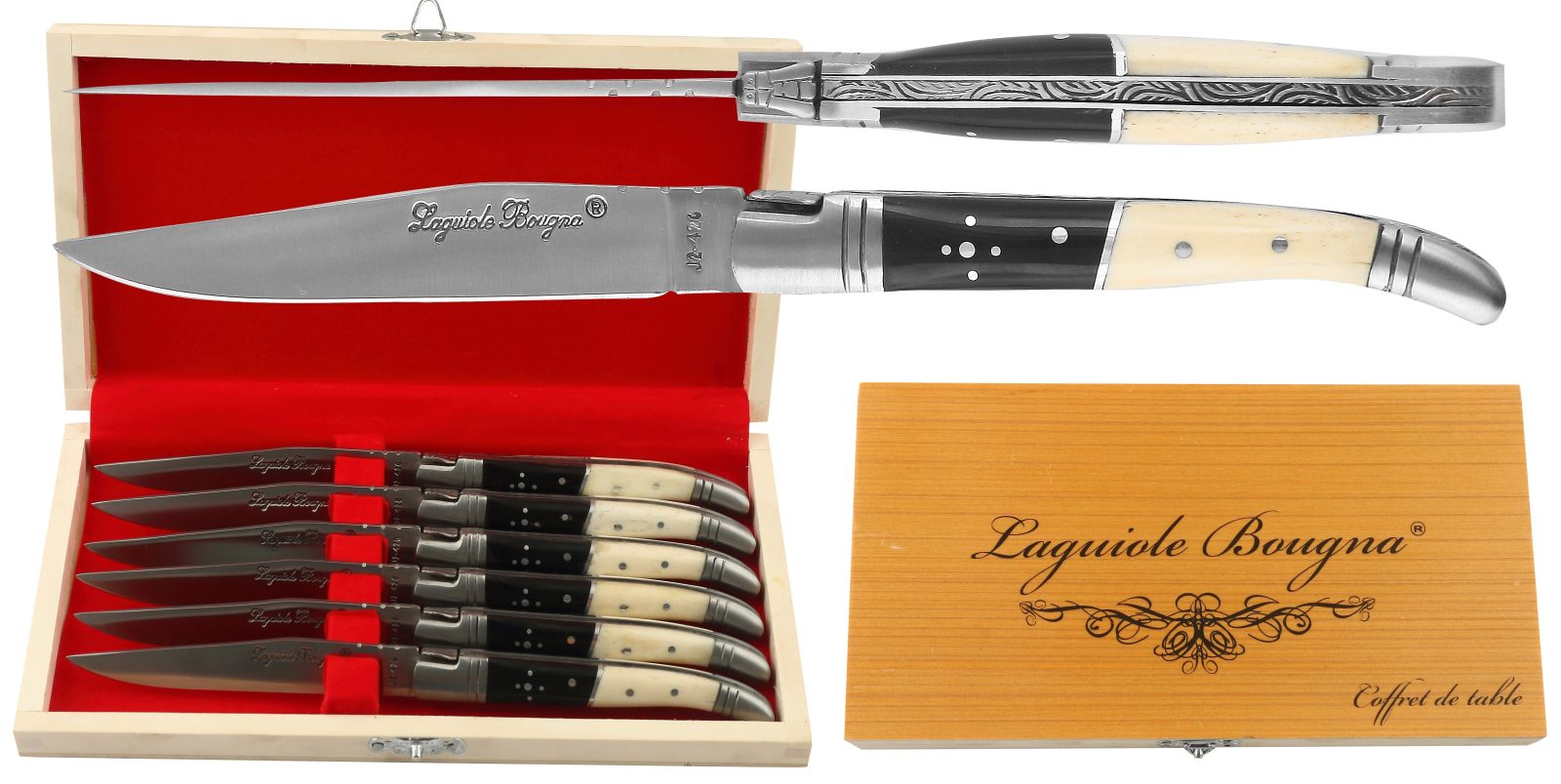 Black & White Horn Handle Table Knife Set – 12 cm Handle, Set of 6 with Sharpening Steel