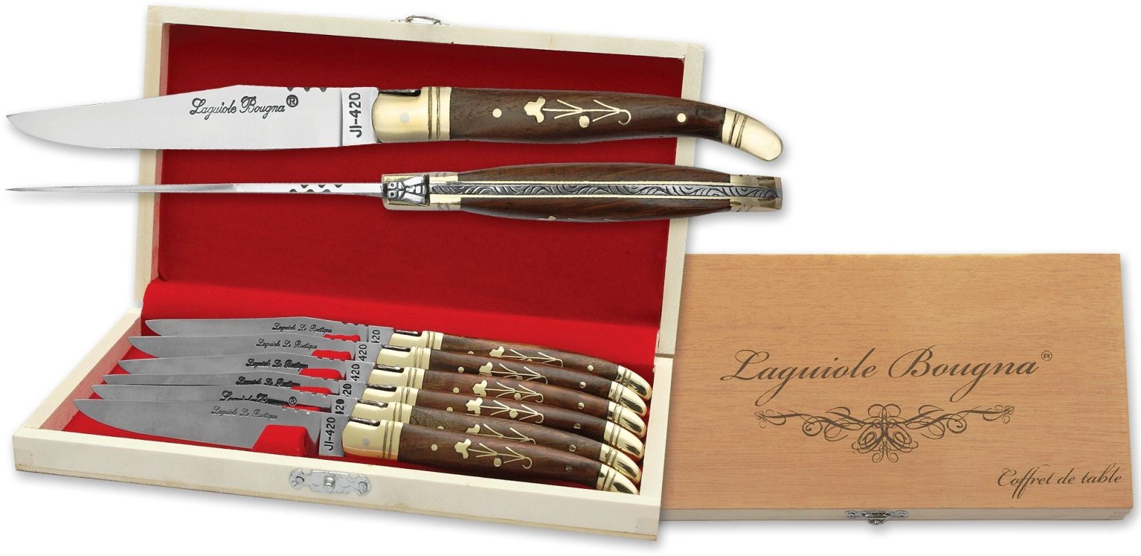 Acacia Wood Handle Table Knife Set with Brass Floral Inlay – 12 cm Handle, Set of 6 with Sharpening Steel