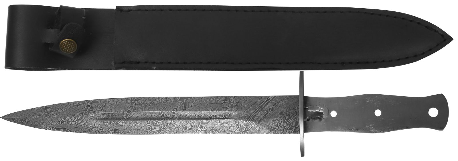 Damascus Dagger Blade Blank with Mounting Rivets – 12 cm Tang, Leather Case Included