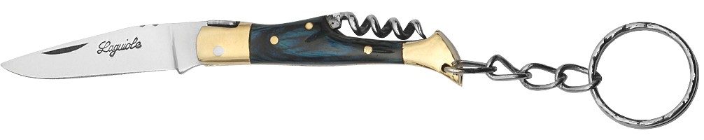 Blue Wood Handle Corkscrew Folding Knife Keychain – 6 cm Handle, Brass Bolster