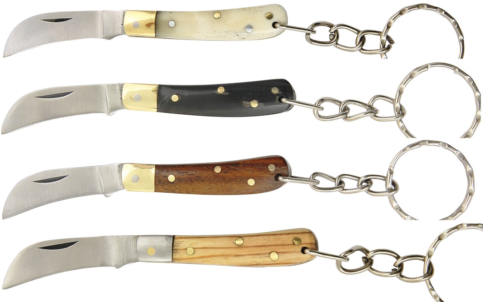 Assorted Wood Handle Pruning Folding Knife Keychain – 5 cm Handle, Inox Bolster