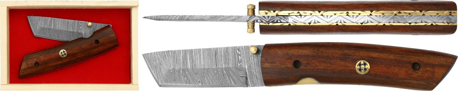 Damascus Tanto Blade Folding Knife with Dark Acacia Wood Handle – 11.5 cm Handle, Wooden Box Included