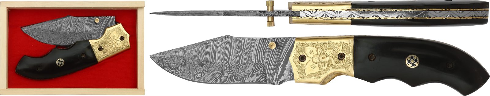 Damascus Blade Folding Knife with Floral-Engraved Bolster & Black Horn Handle – 12 cm Handle, Wooden Box Included