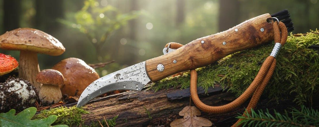 Knotty Teak Wood Handle Mushroom Knife with Cord Lanyard – 12 cm Handle