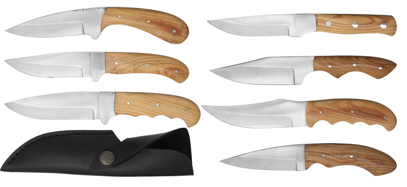 Fixed Blade Knife 7-Piece Set with Olive Wood Handles, Leather Case Included
