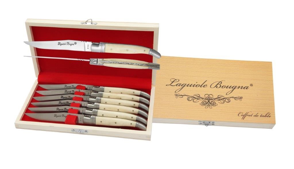 White Bone Handle Table Knife Set – 12 cm Handle, Set of 6 with Sharpening Steel