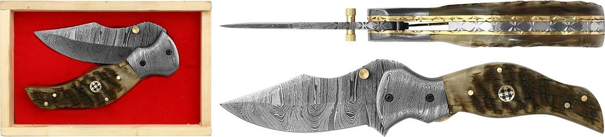 Damascus Blade Skinning Knife with Natural Ram Horn Handle – 11 cm Handle, Wooden Box Included