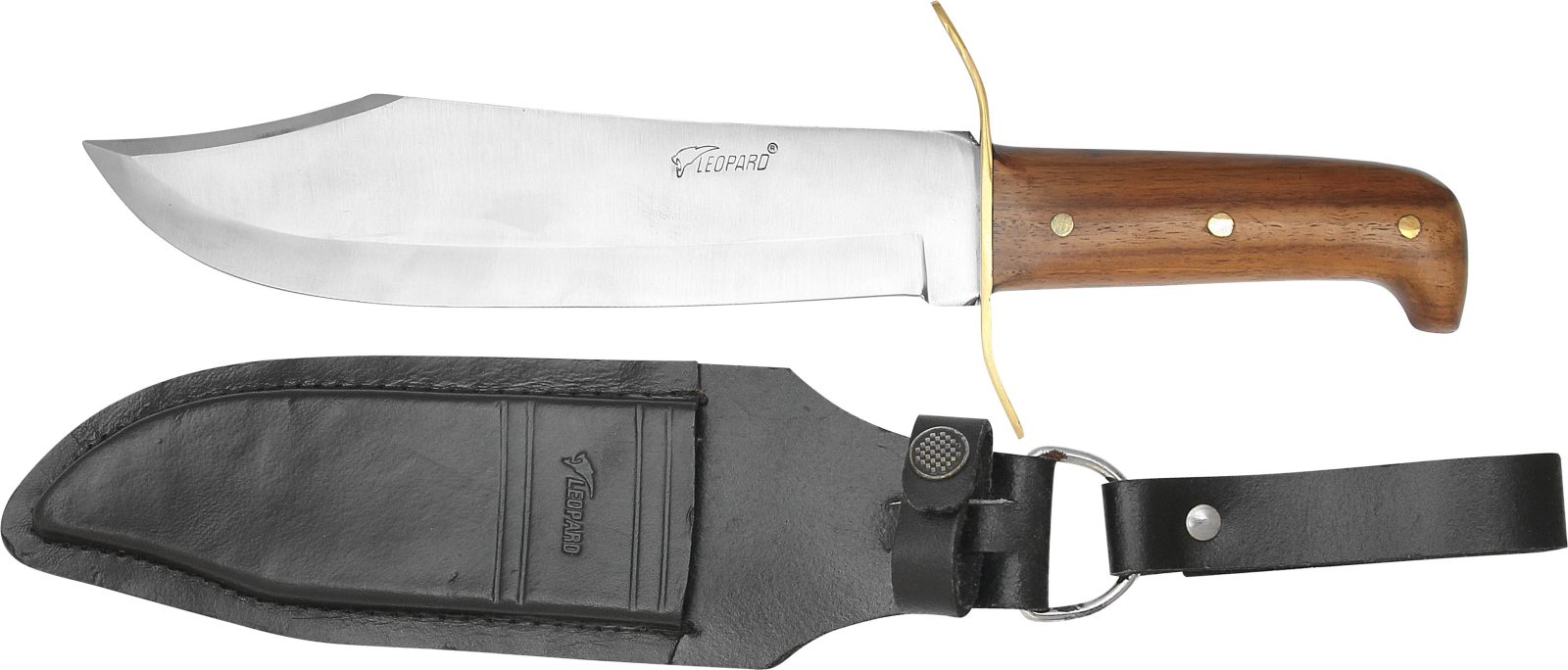 Fixed Blade Bowie Knife with Brass Spine Guard & Acacia Wood Handle – 11.4 cm Handle, Leather Case Included