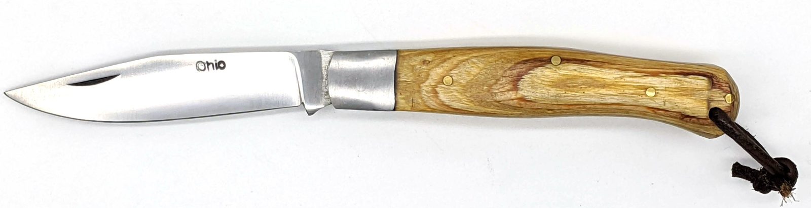 Reddish Wood Handle Folding Knife with Leather Lanyard – 12 cm Handle, Inox Bolster