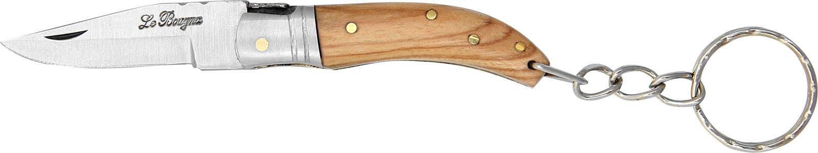 Teak wood handle pocket knife keychain, closed, showing spear-point blade and steel bolster