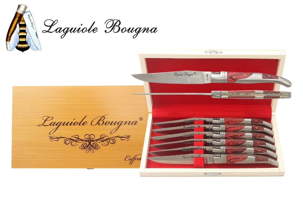 Red Dyed Wood Handle Table Knife Set – 12 cm Handle, Set of 6 with Sharpening Steel