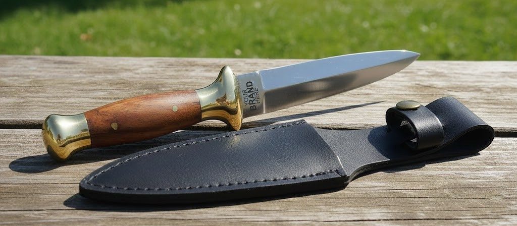 Boot Knife with Brass Fittings & Rich Wood Handle, Leather Case Included