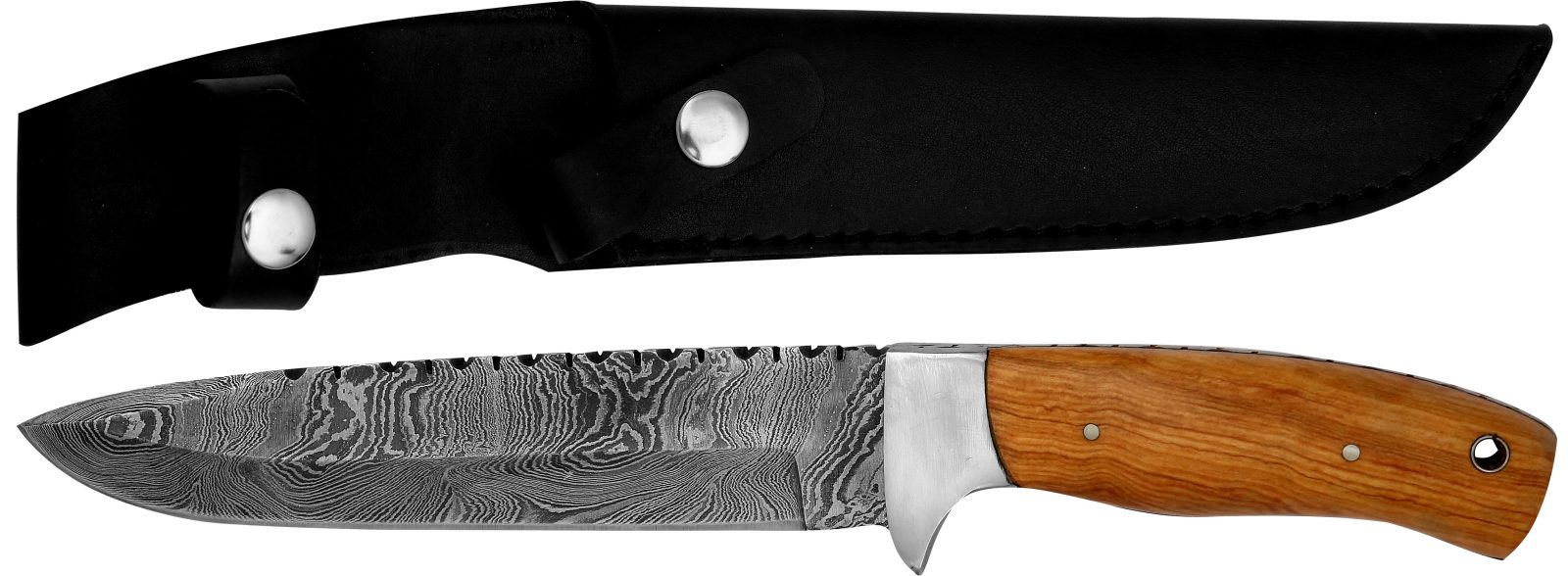 Damascus Fixed Blade Dagger Knife with Saw-Back Spine & Olive Wood Handle – 12 cm Handle, Inox Bolster, Leather Case Included