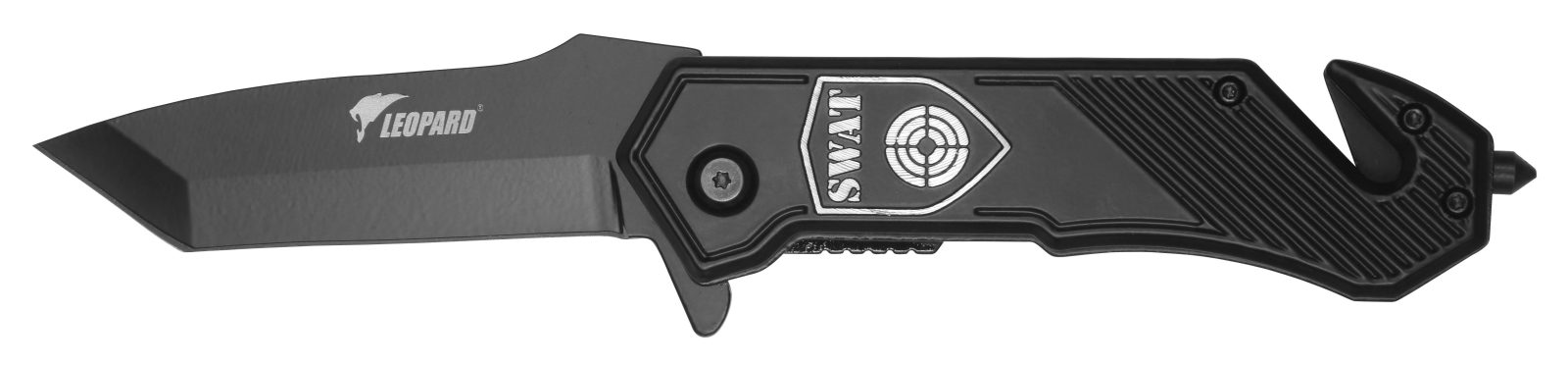 Black Tactical Rescue Knife with Belt Cutter & Glass Breaker – 11.7 cm Handle